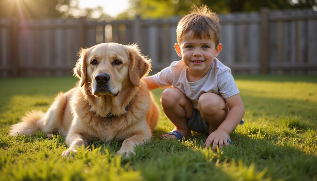 A child crouches beside a calm Golden Retriever in a lush green yard, showcasing their comfortable bond.