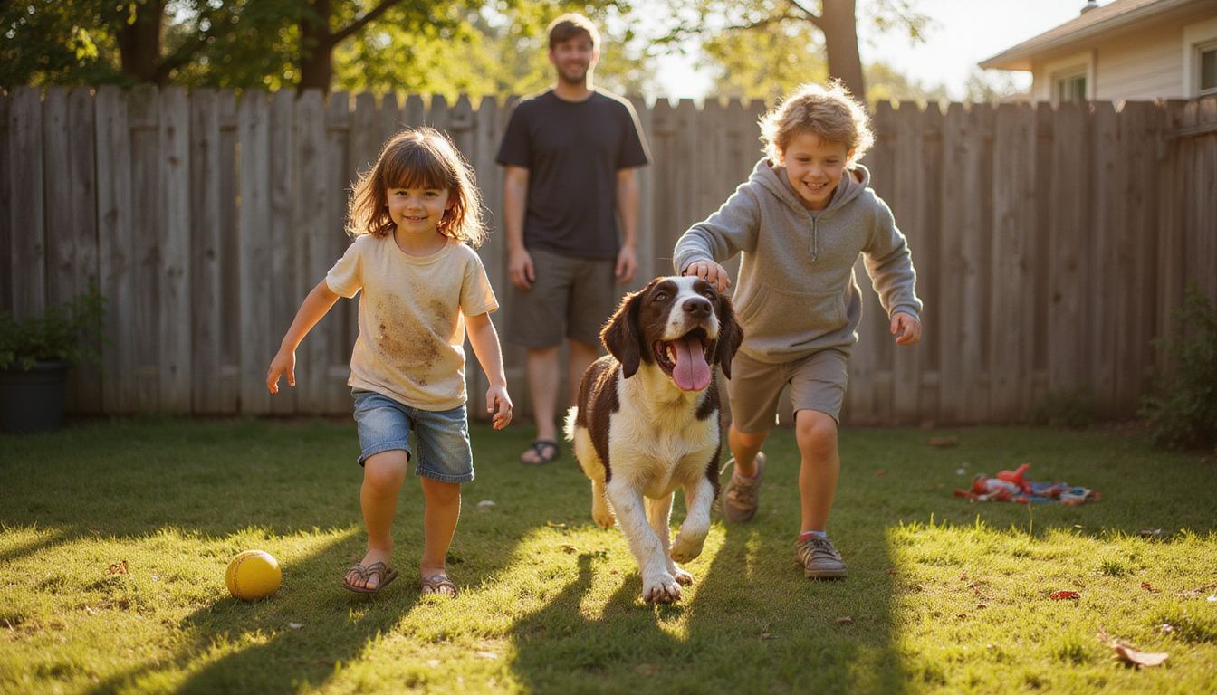 A family plays joyfully in their backyard with an energetic dog, showcasing candid moments of happiness and outdoor fun.