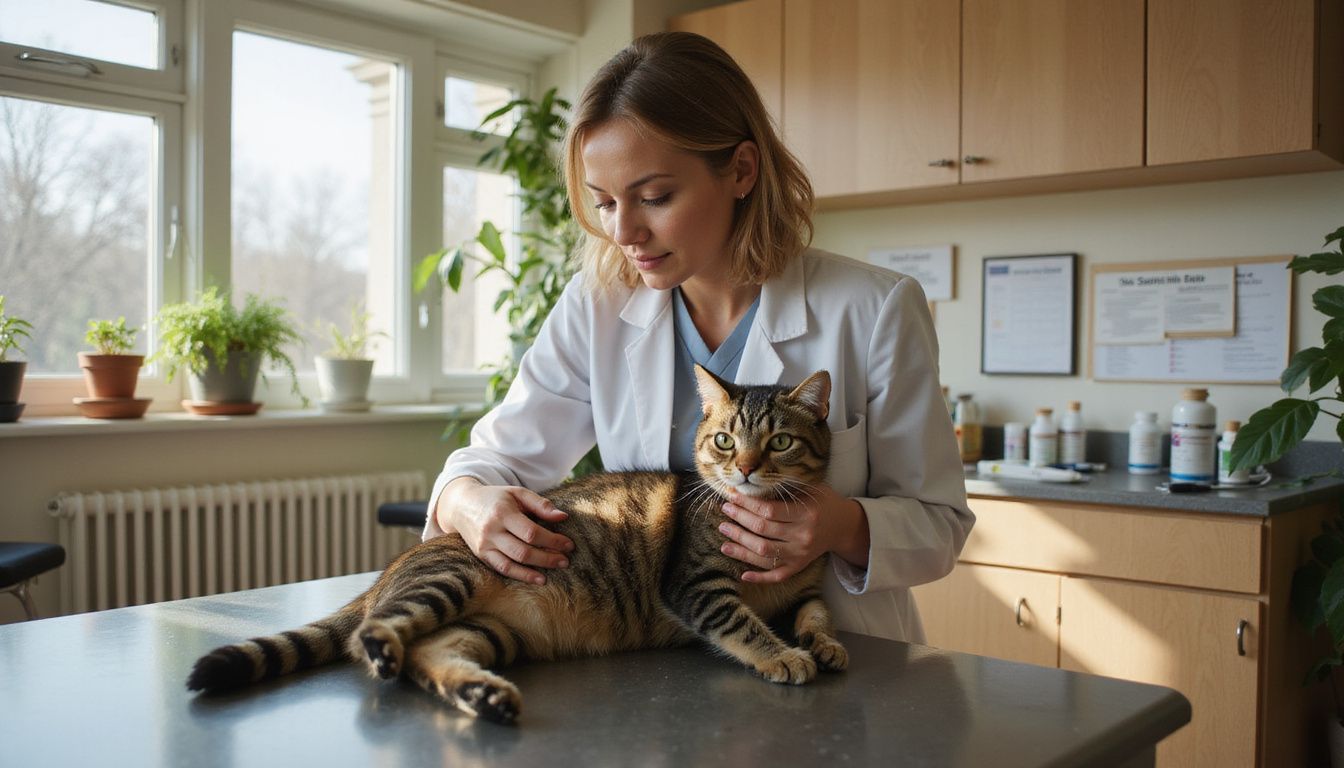 A veterinarian examines a relaxed tabby cat, showcasing professionalism and genuine care in a veterinary clinic setting.