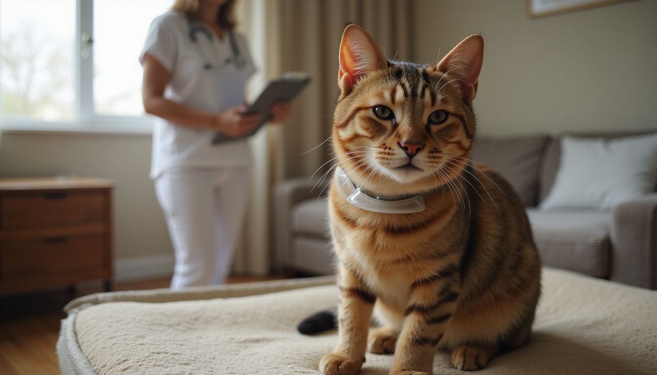 A tabby cat sits on a plush orthopedic bed while a woman in scrubs holds a clipboard in the background.