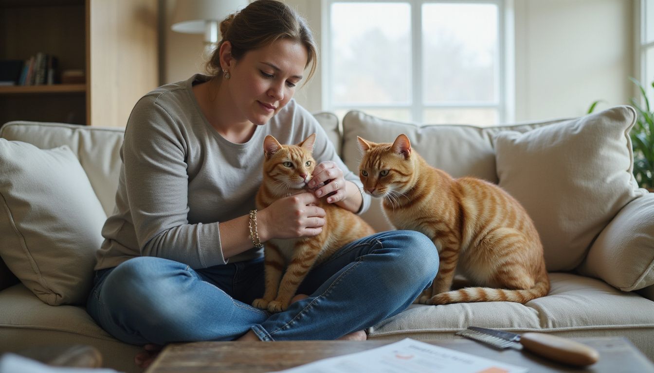A middle-aged woman carefully grooms her orange tabby cat on a couch in her living room.