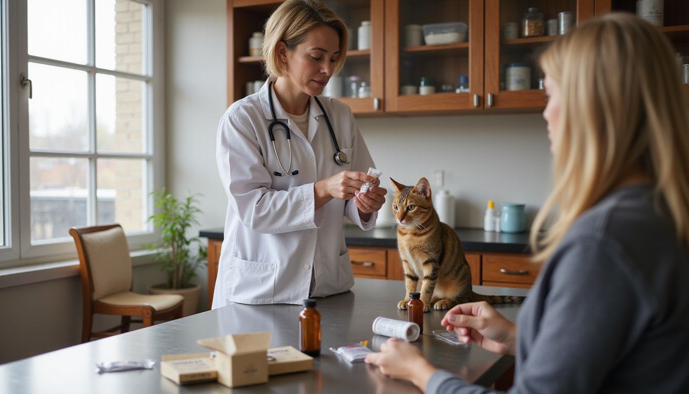 A middle-aged woman in a veterinary coat demonstrates flea prevention products while holding a tabby cat in an examination room.
