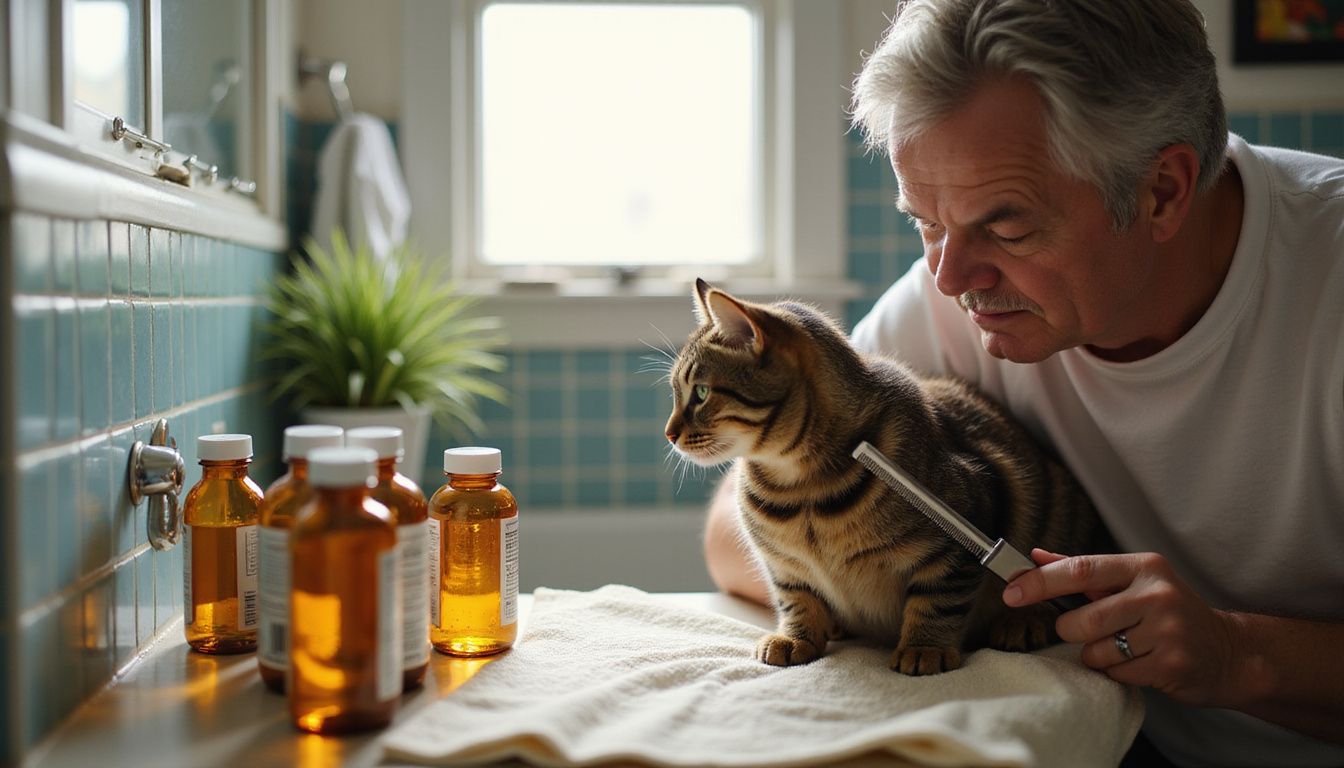 A person grooms a cautious tabby cat on a towel amidst typical bathroom clutter and prescription items.