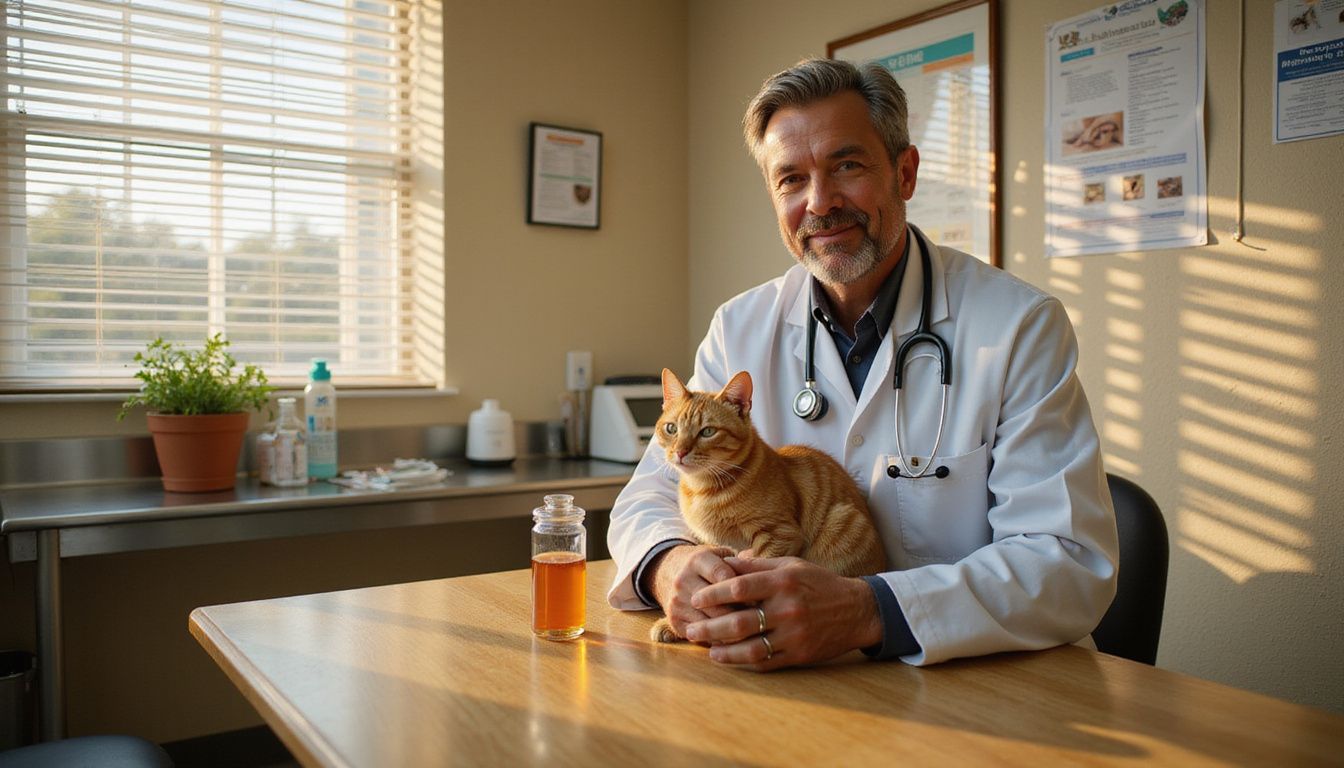 A middle-aged veterinarian gently cradles an orange tabby cat while discussing medical treatment in a veterinary clinic.