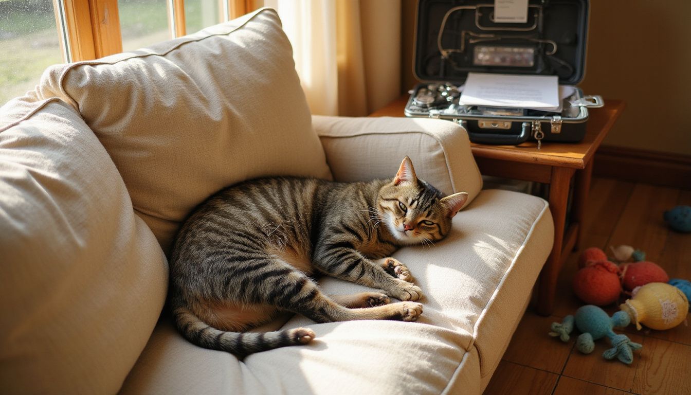 A sickly tabby cat rests on a worn couch, surrounded by veterinary tools and pet toys in a cozy room.