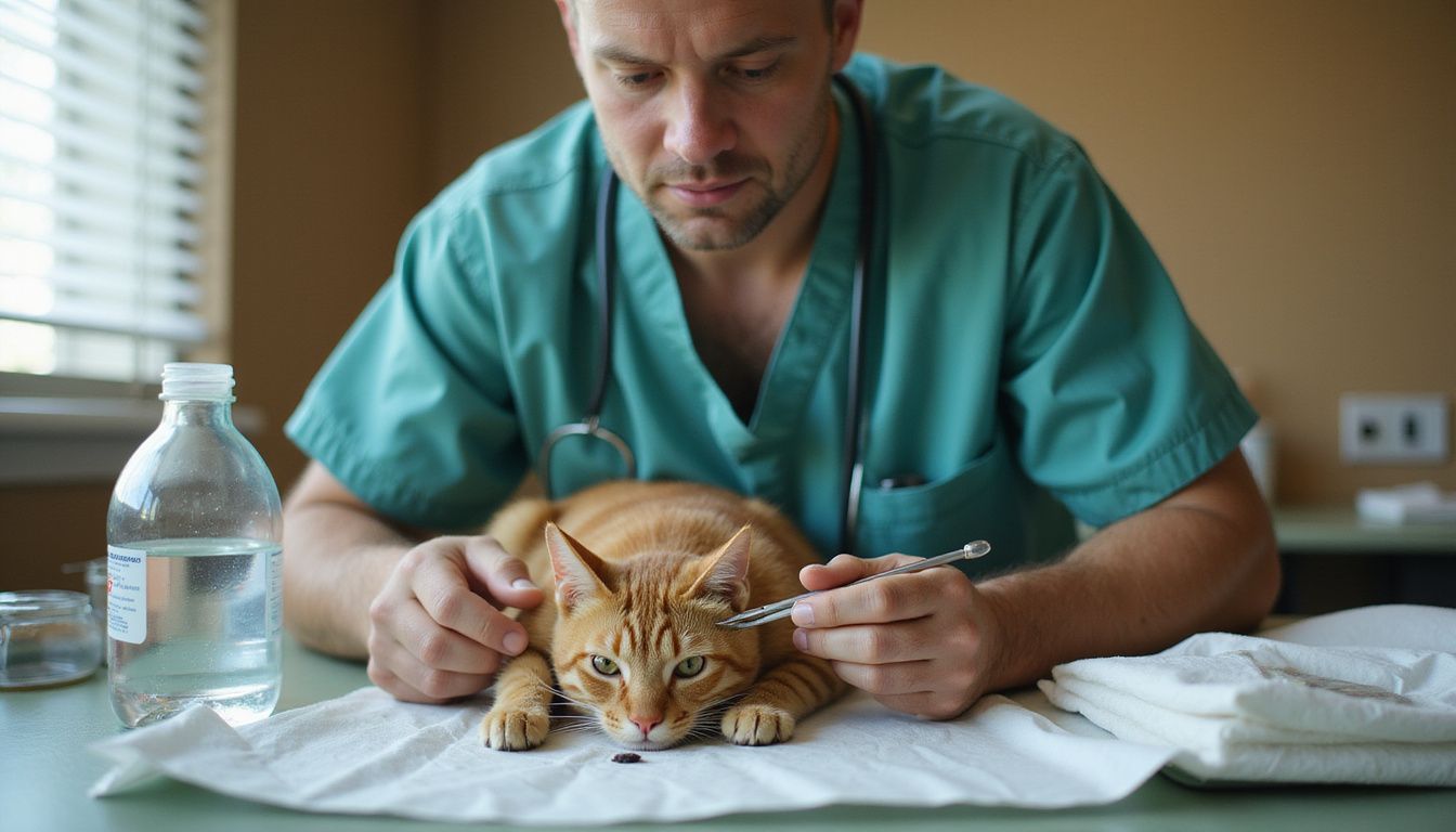 A veterinarian carefully removes a tick from a calm tabby cat during a routine examination.