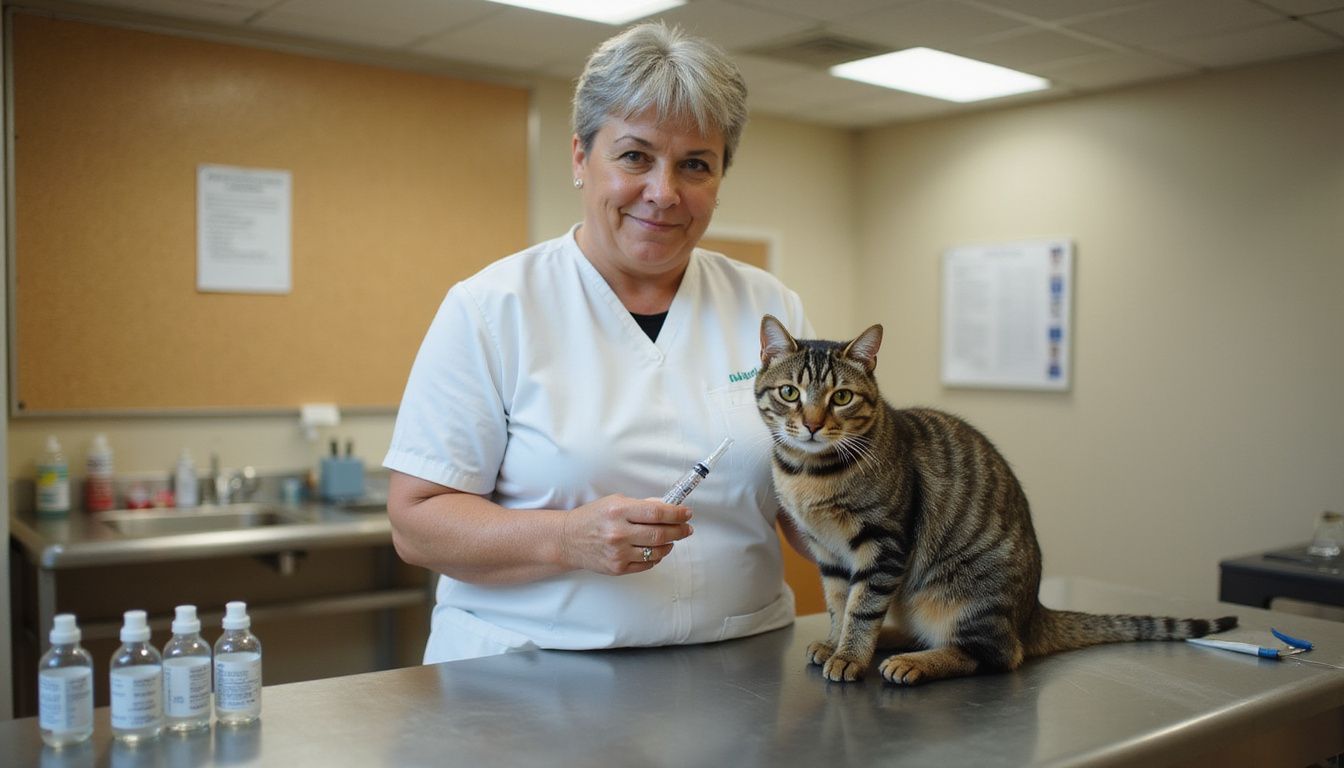 A woman in medical scrubs carefully holds a tabby cat while preparing a vaccine in a veterinary examination room.