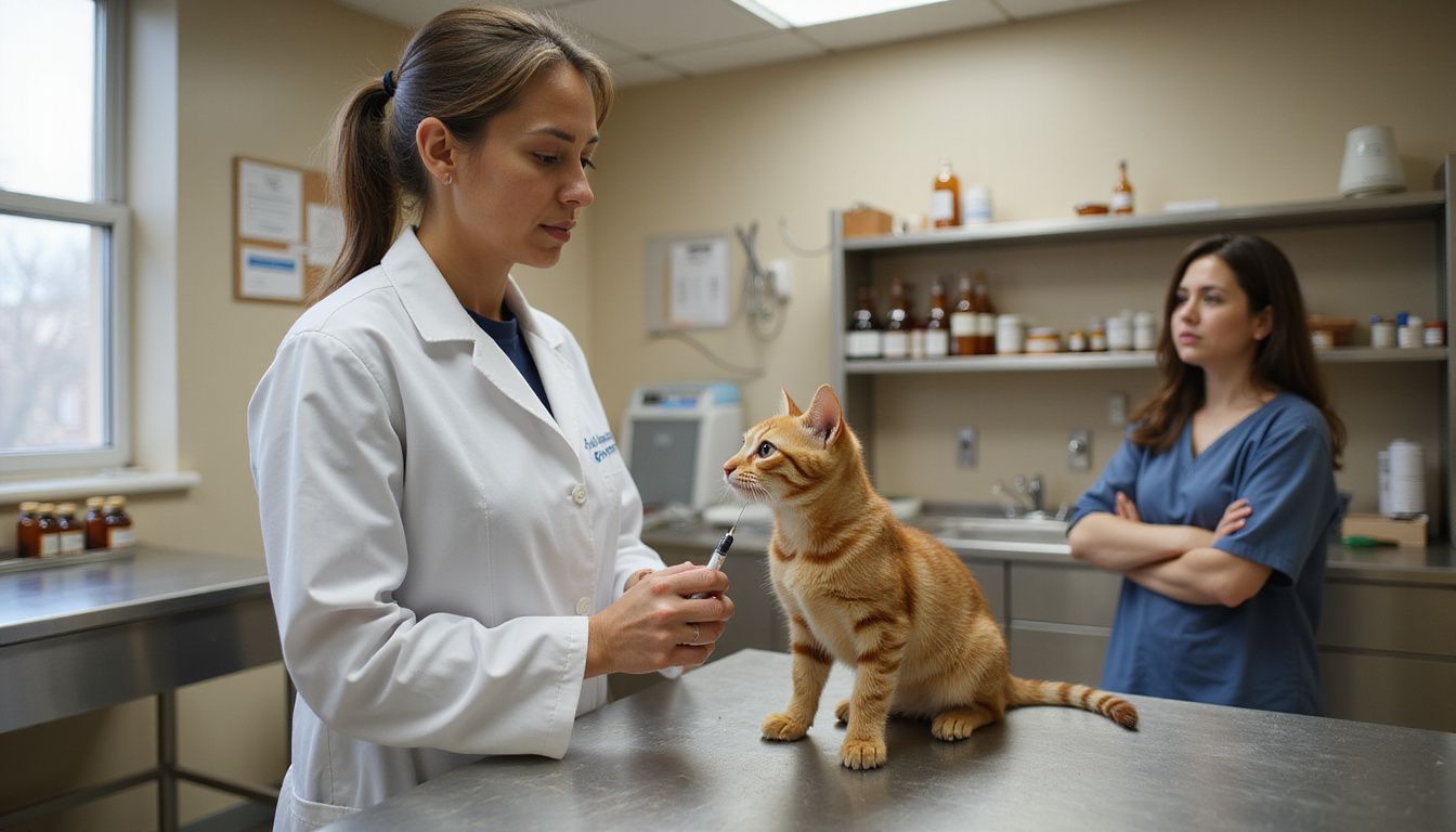 A veterinarian examines an orange tabby kitten while its concerned owner observes in a well-used clinic room.