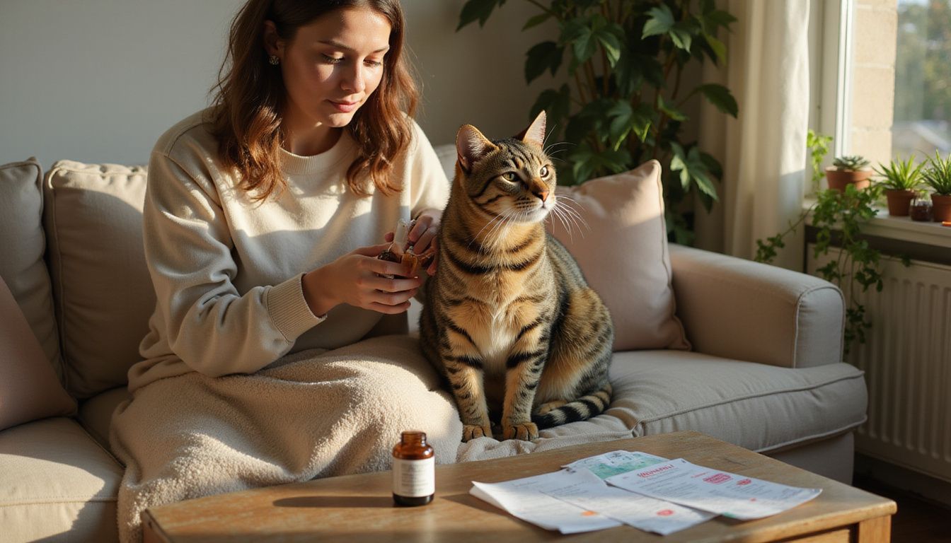A woman carefully administers flea treatment to her relaxed tabby cat while seated on a cozy, well-loved couch.