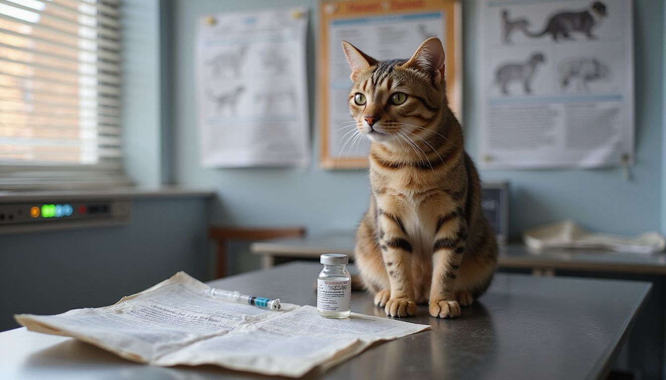 A tabby cat sits alert on a stainless steel examination table, surrounded by veterinary supplies and educational materials.