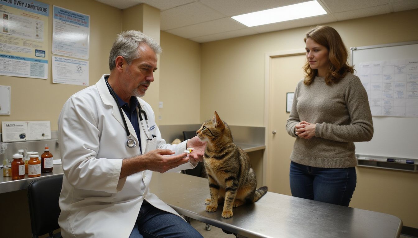 A veterinarian discusses medication options with a concerned pet owner while examining a brown tabby cat on an exam table.