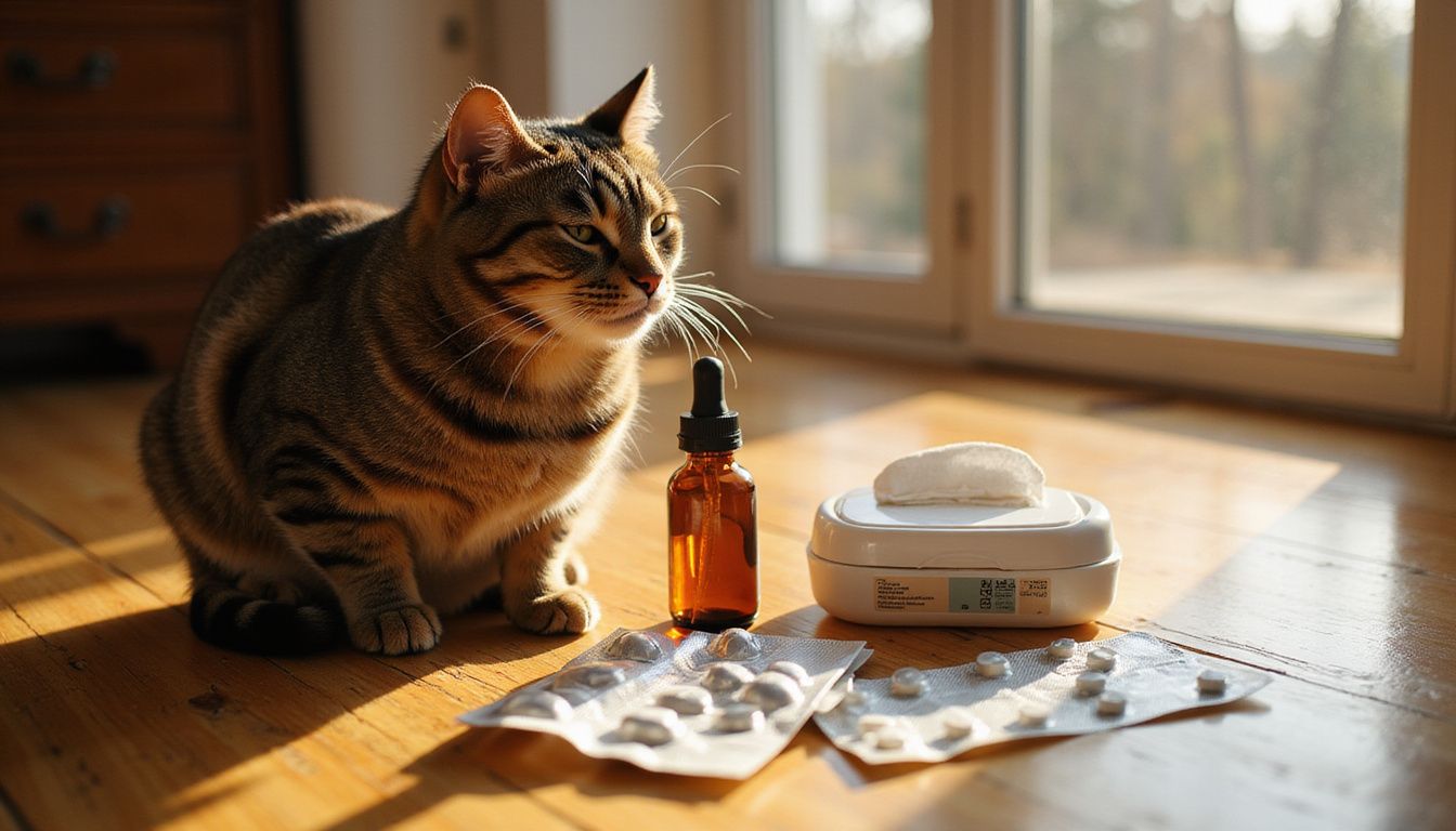 A tabby cat sits on hardwood flooring beside various veterinary parasite prevention products in a cozy living room.