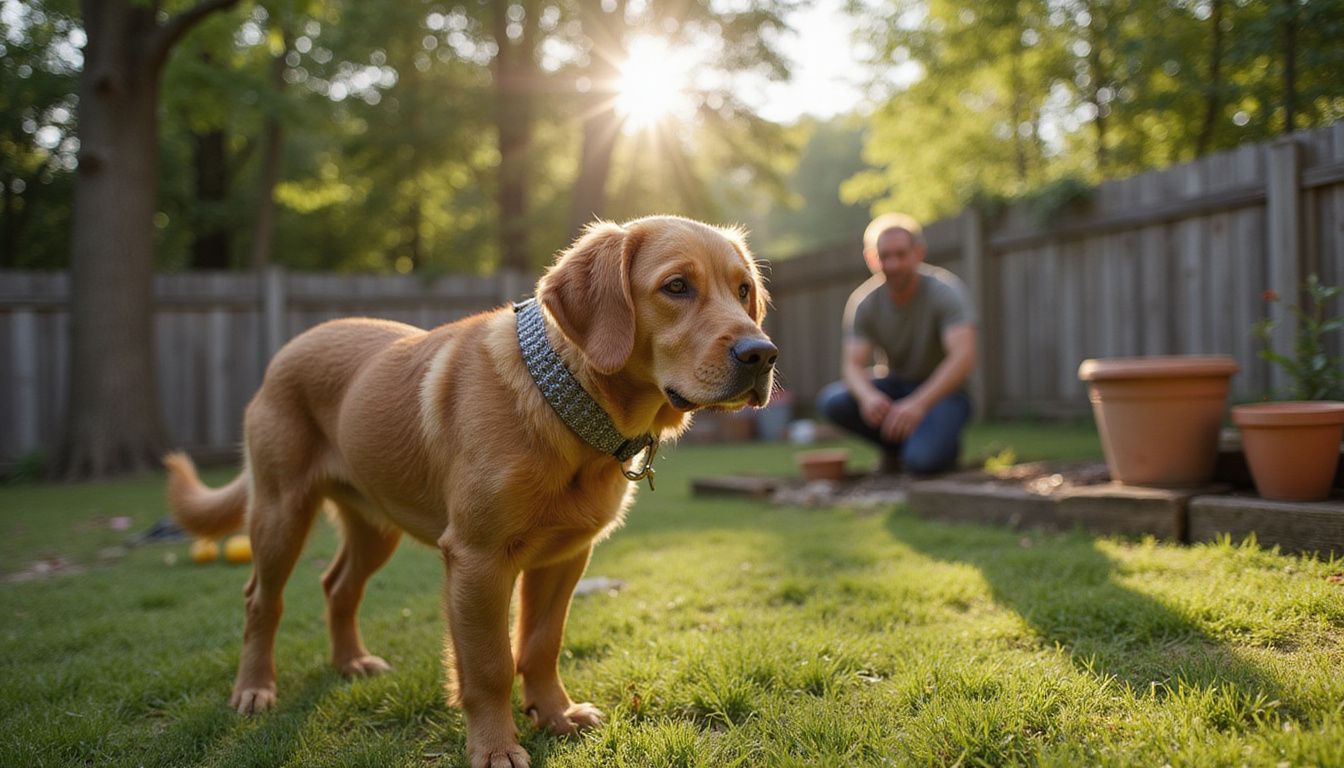 A well-groomed medium-sized dog stands alert in a residential yard, wearing a reflective flea and tick collar.