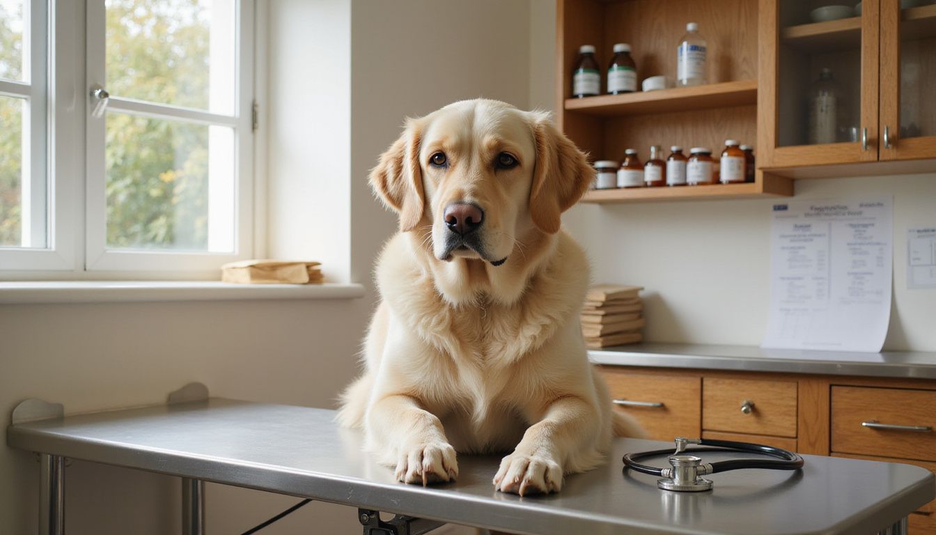 A calm golden retriever sits on a stainless steel examination table in a warm veterinary clinic setting.