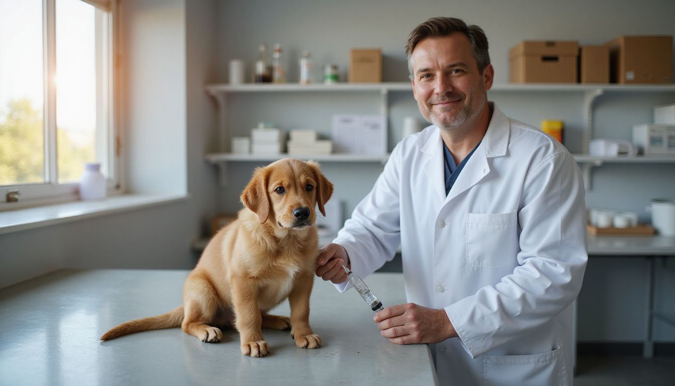 A golden retriever puppy sits on an examination table next to a veterinarian holding a syringe.