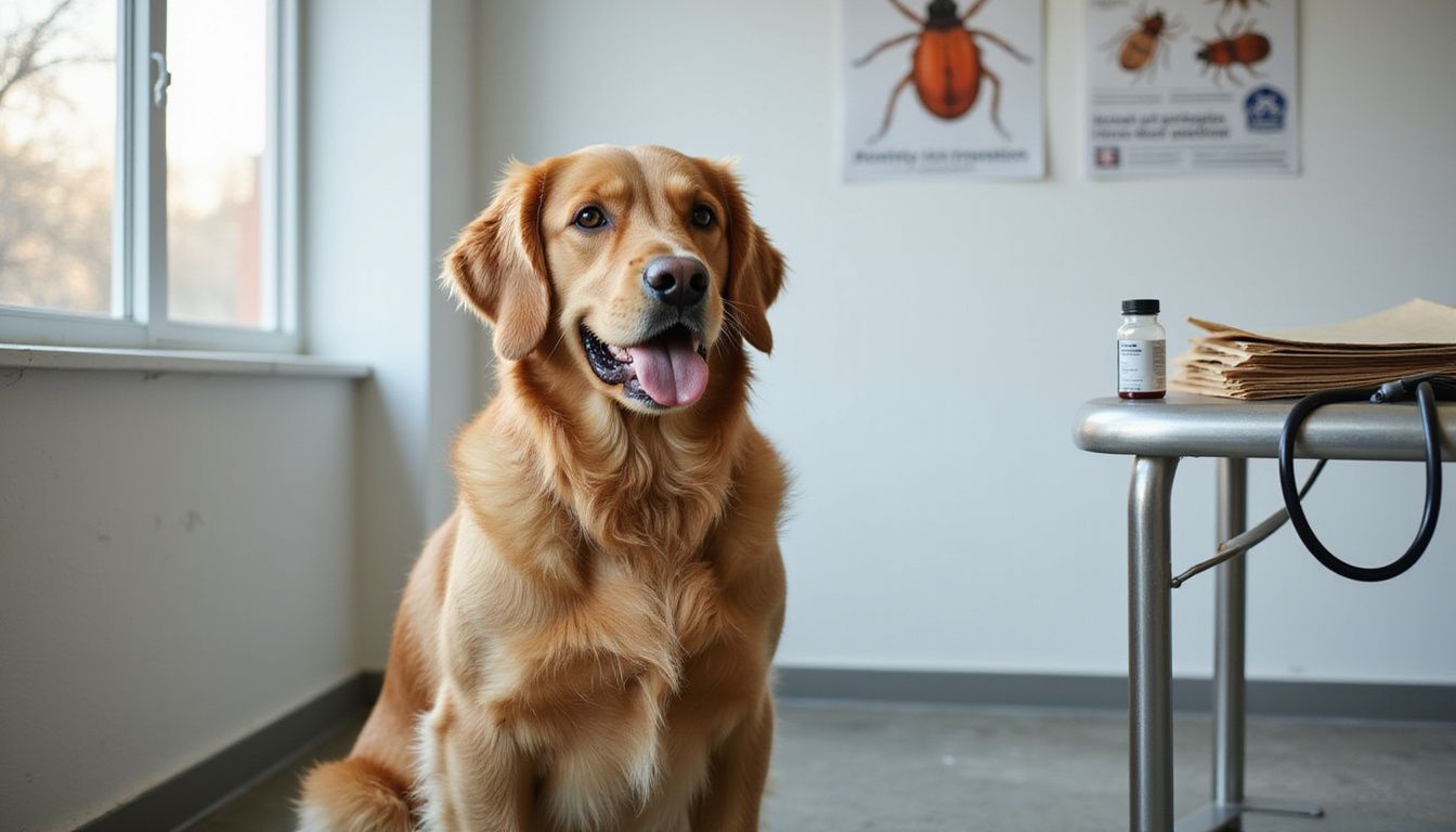 A golden retriever sits alert in a veterinary examination room, surrounded by medical supplies and educational posters.