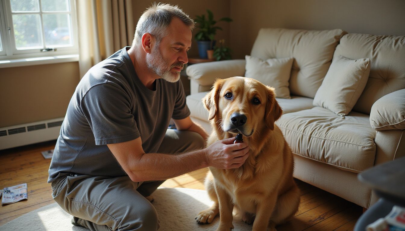 A middle-aged man gently applies medication to his golden retriever's skin while seated in a lived-in living room.