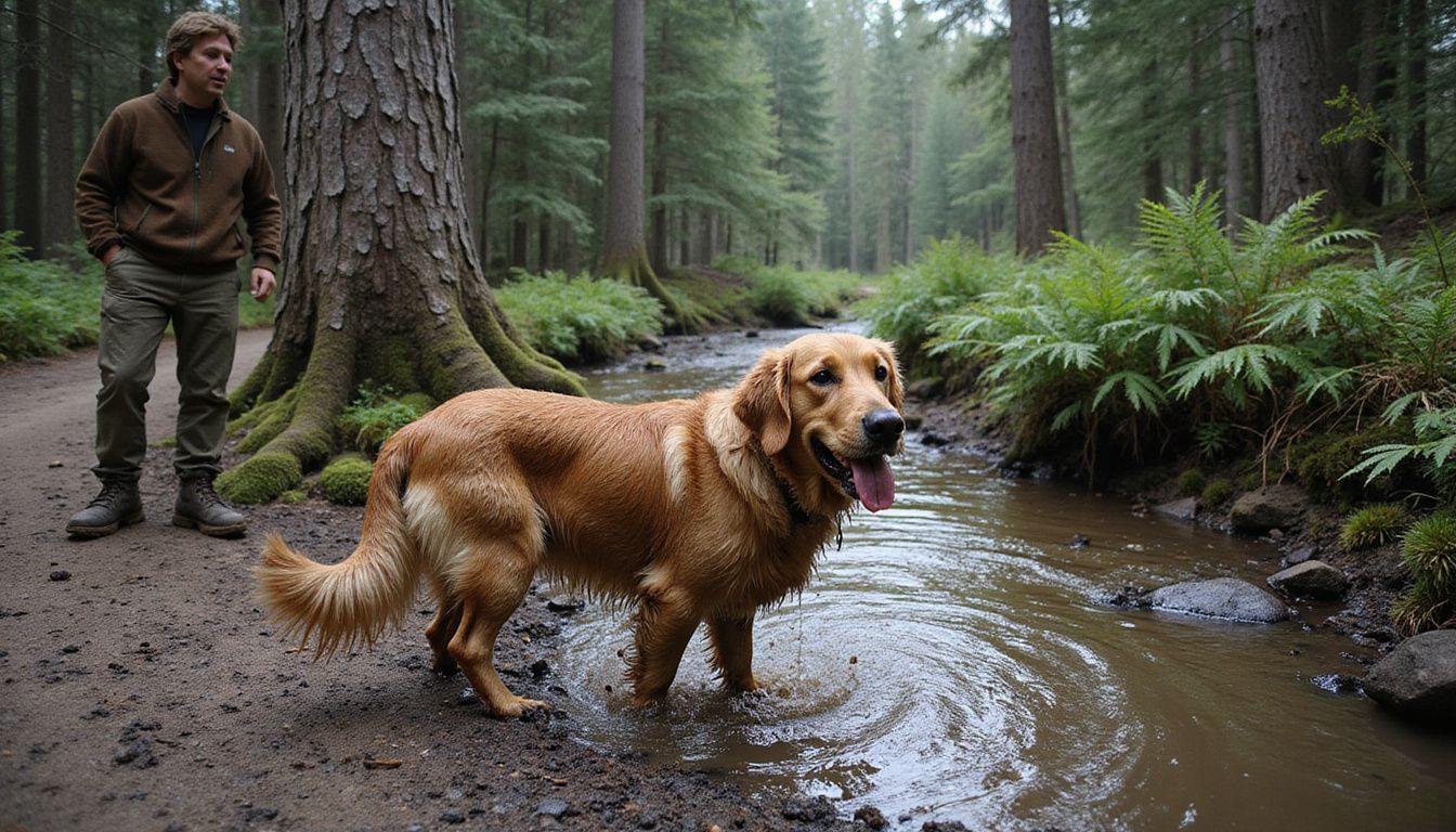 A golden retriever shakes off water and mud while a relaxed hiker watches, capturing a candid moment in nature.