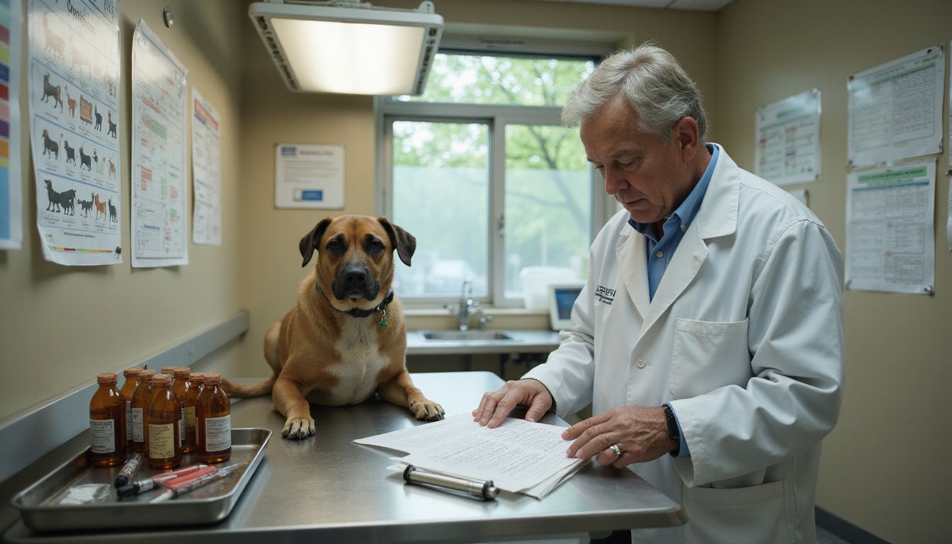 A middle-aged veterinarian reviews vaccination records beside a calm mixed-breed dog in a sterile exam room.