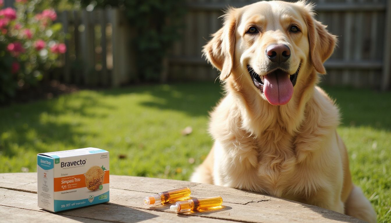 A golden retriever sits in a garden next to pharmaceutical products on a weathered wooden table.