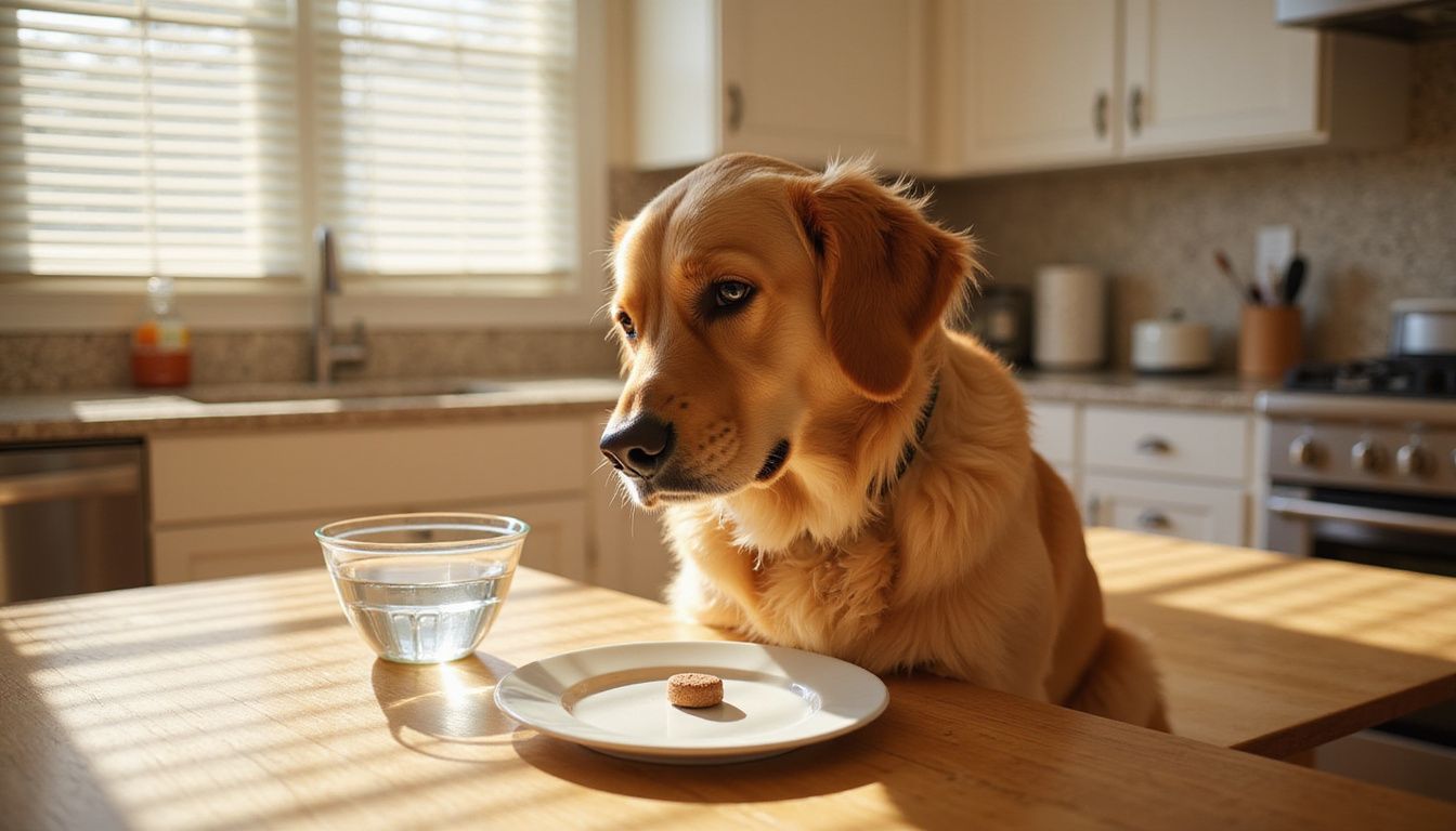 A golden retriever sits curiously on a kitchen table beside a brown pharmaceutical tablet and a bowl of water.