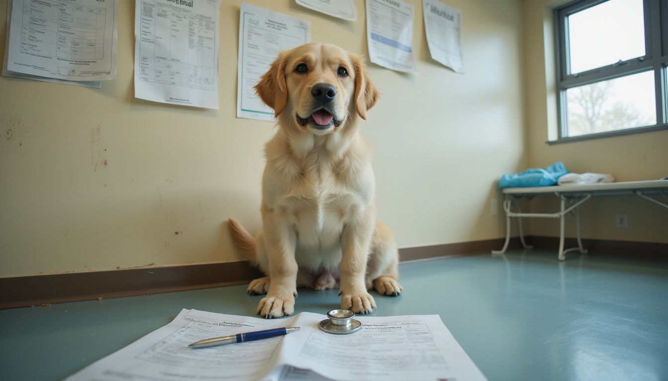 A young golden retriever puppy sits curiously in a veterinary examination room amidst scattered medical supplies.