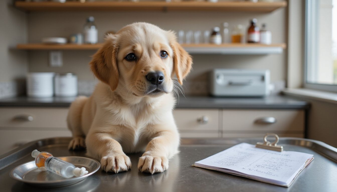 An 8-week-old golden retriever puppy sits on an examination table, surrounded by veterinary supplies and a clinical setting.