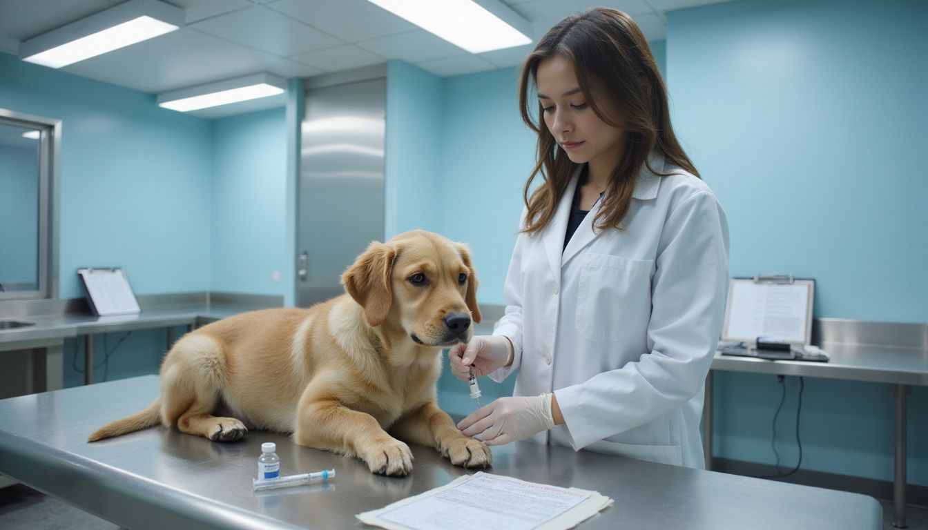 A woman in a veterinary coat administers a vaccine to a golden retriever puppy in a clinical examination room.