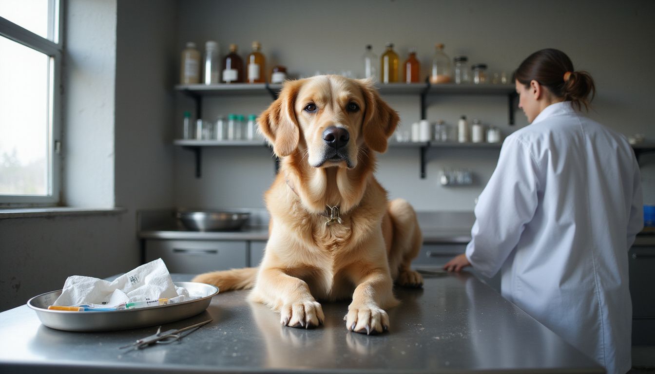 A golden retriever sits alert on a stainless steel examination table in a busy veterinary clinic.