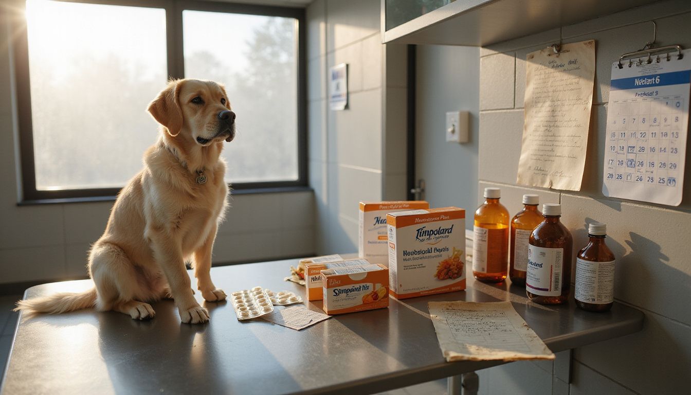 A golden retriever sits on a stainless steel table amidst organized pharmaceutical containers in a veterinary clinic.
