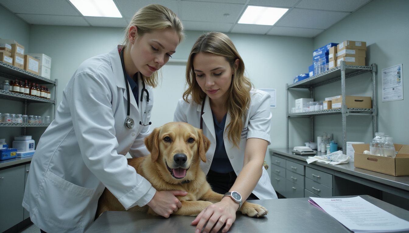 A veterinarian performs a blood collection on a golden retriever in a clinical examination room.