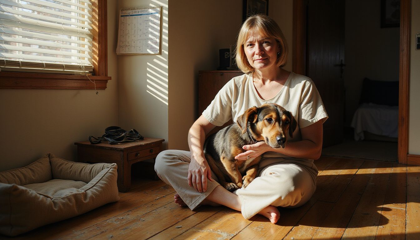 A middle-aged woman sits cross-legged on the floor, gently stroking a content mixed-breed rescue dog.