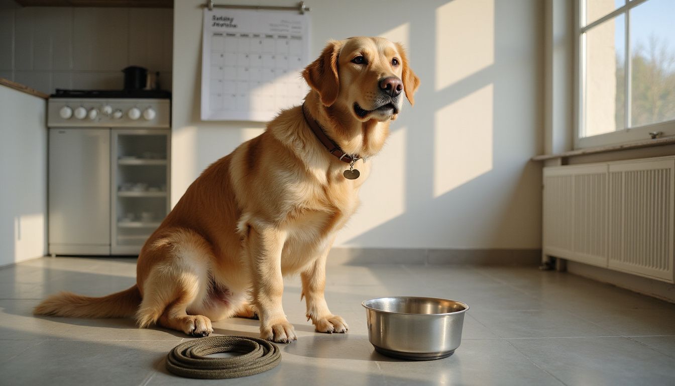 A golden retriever sits alert beside an empty stainless steel food bowl in a contemporary kitchen.