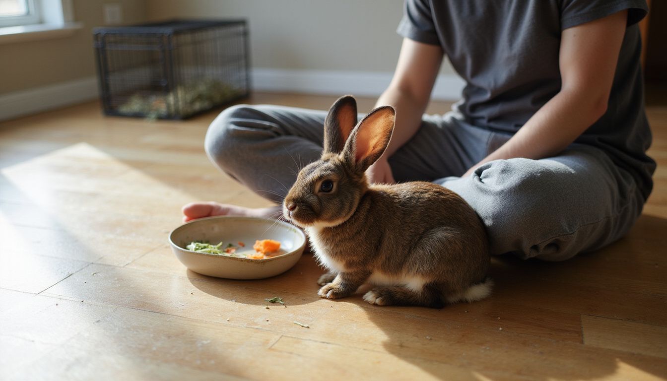 A young adult sits on the floor feeding a Flemish Giant rabbit a carrot slice.