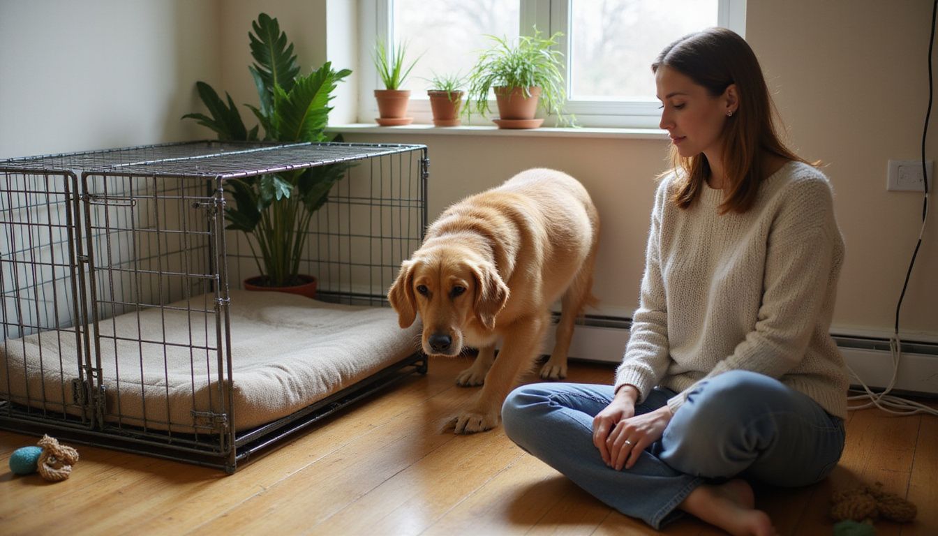 A relaxed woman observes her golden retriever exploring a cozy bedroom filled with dog beds and toys.