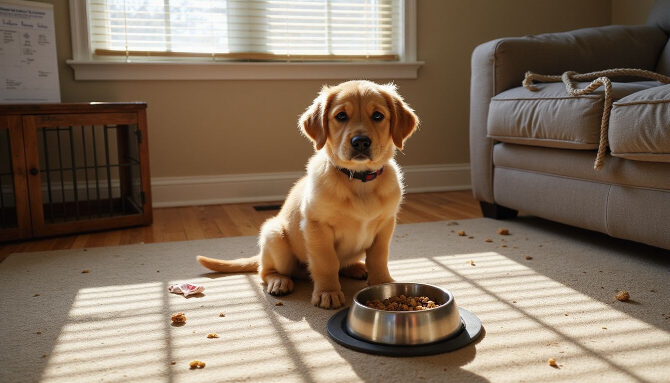 A young golden retriever puppy sits alert on a worn carpet, surrounded by toys and a food bowl.