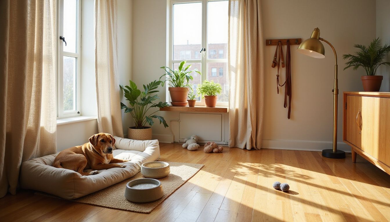 A cozy contemporary living room features a dog bed, plants, toys, and well-organized pet accessories.