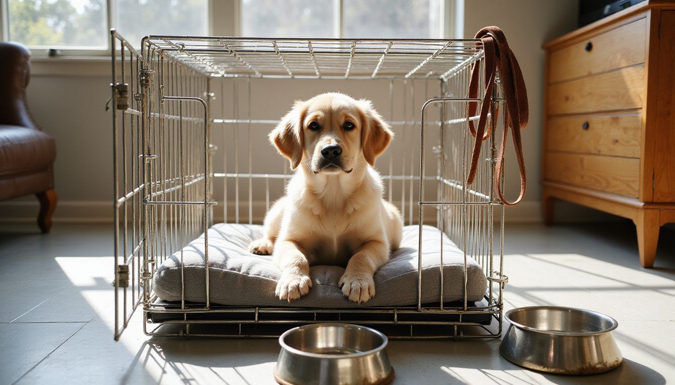 A golden retriever puppy sits curiously in a stainless steel crate, surrounded by a cozy living room environment.