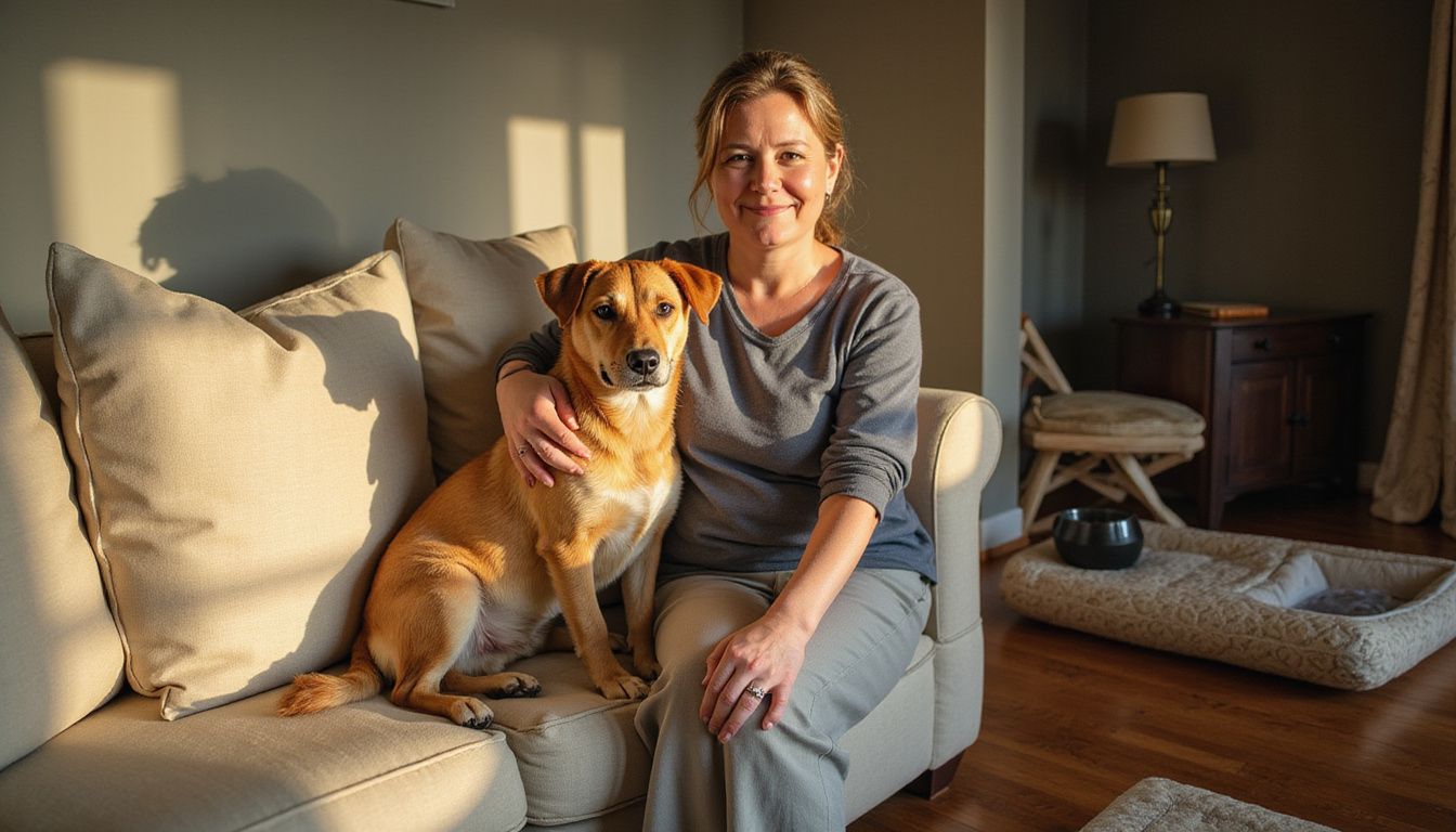 A woman gently strokes a relaxed mixed-breed rescue dog on a cozy couch, showcasing their comforting companionship.