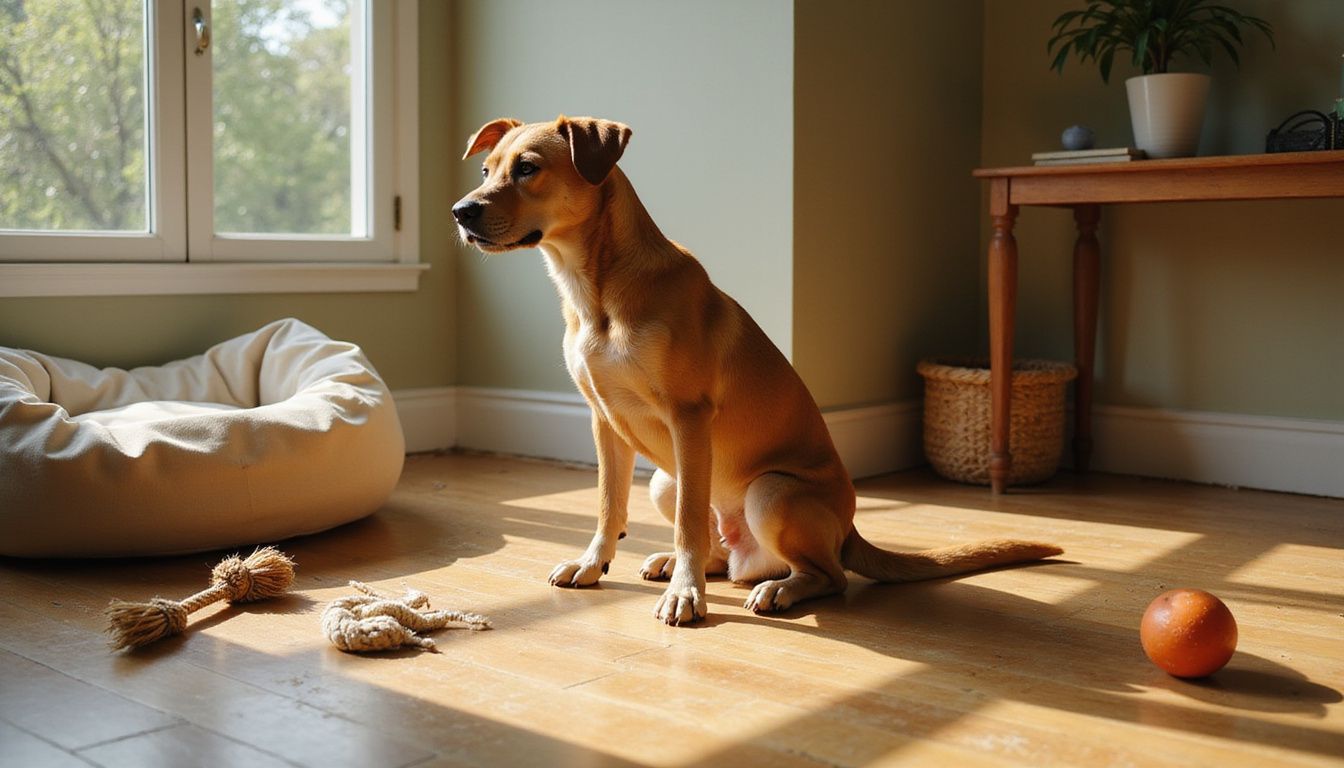 A newly adopted mixed-breed dog sits cautiously on hardwood floors, surrounded by toys and a cozy dog bed.