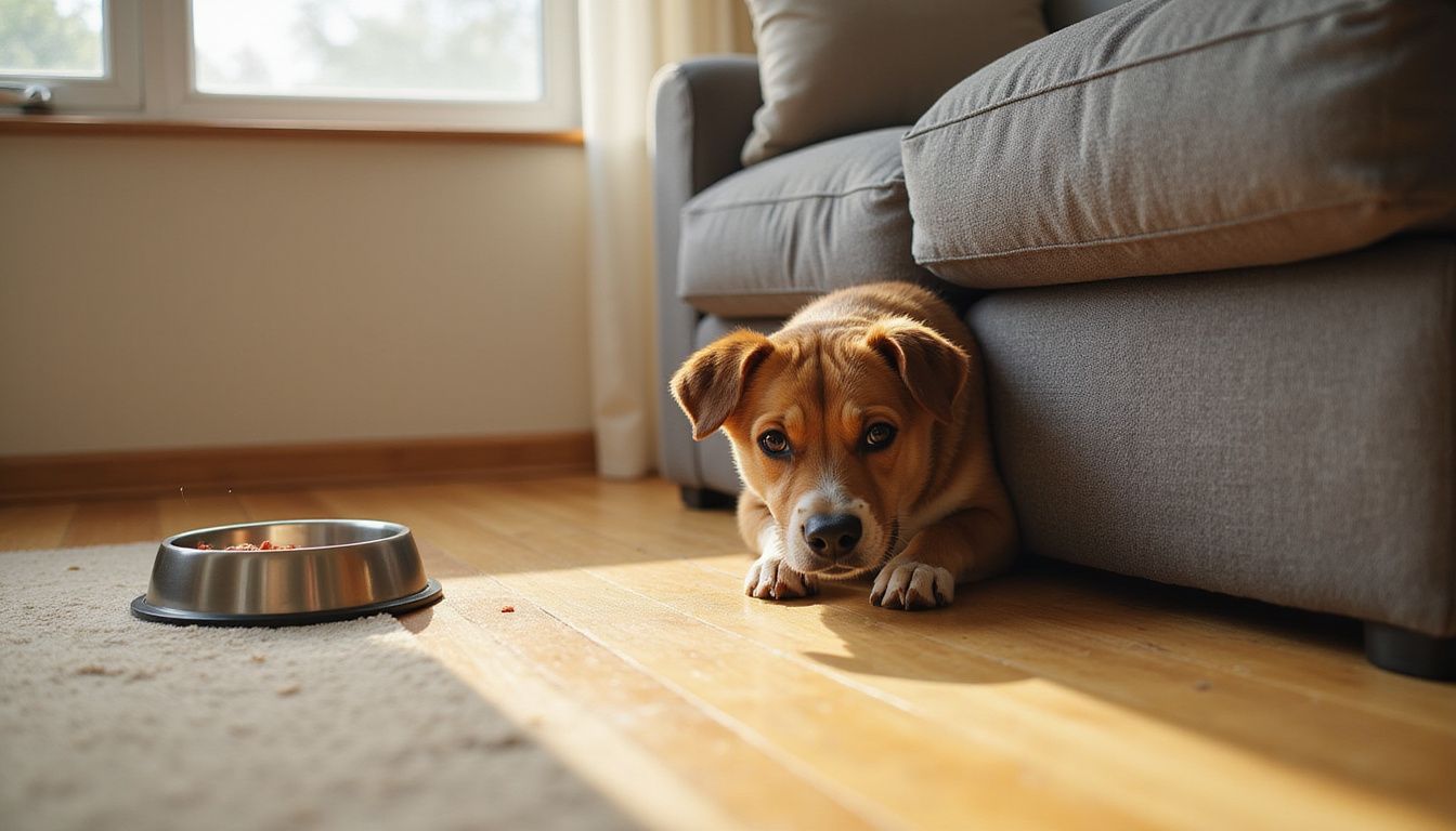 A young, anxious dog crouches beneath a couch in a minimalistic living room, displaying tense body language.