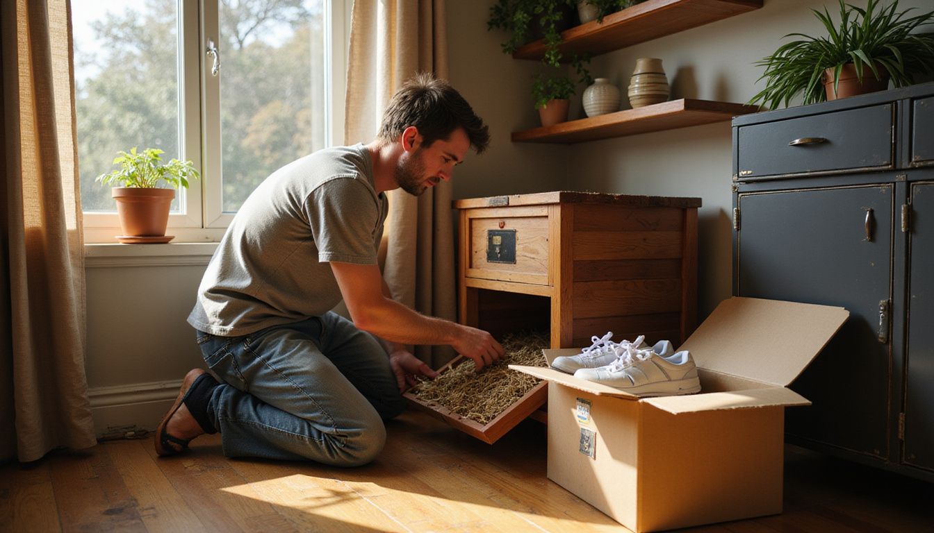 A man inspects a wooden rabbit hutch in a well-organized suburban living room with safety modifications.
