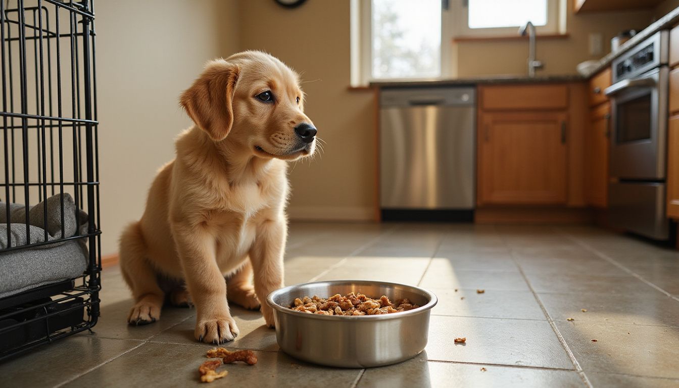 A young golden retriever puppy sits alertly in a crate, surrounded by toys and a bowl of kibble and wet food.