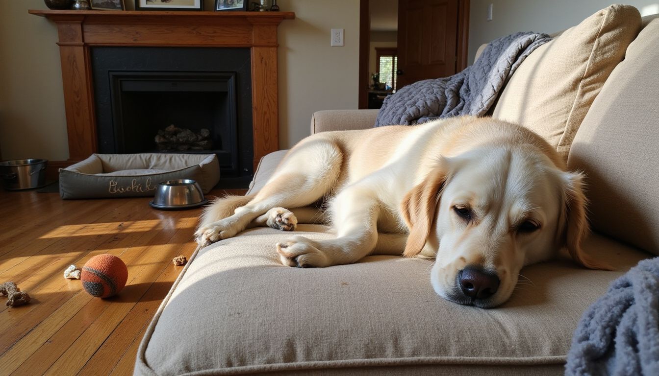 A golden retriever peacefully naps on a worn couch surrounded by toys and family keepsakes.
