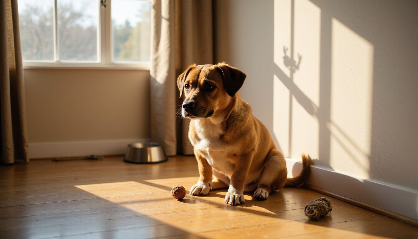 A newly adopted anxious mixed-breed dog sits in a sparse living room, displaying signs of stress and vigilance.