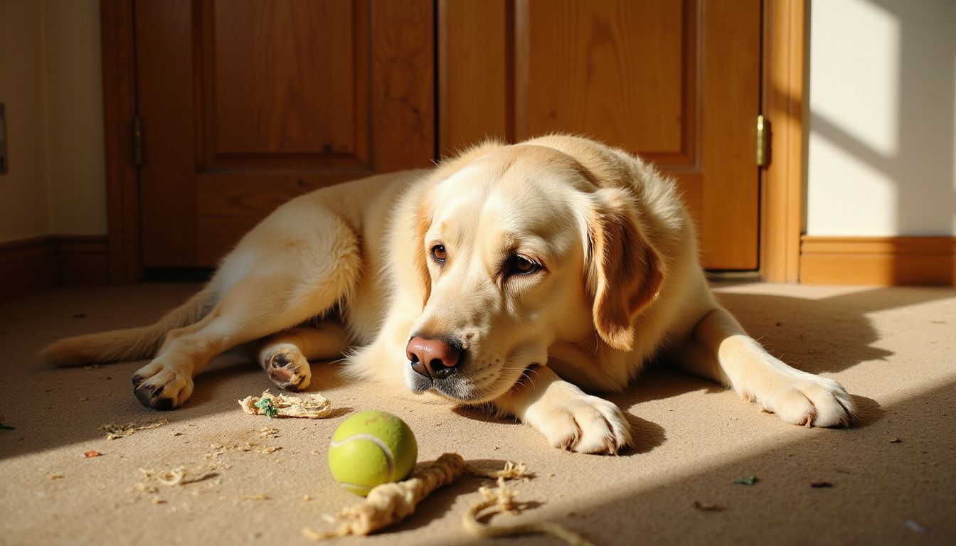 A golden retriever rests peacefully on a worn hardwood floor.