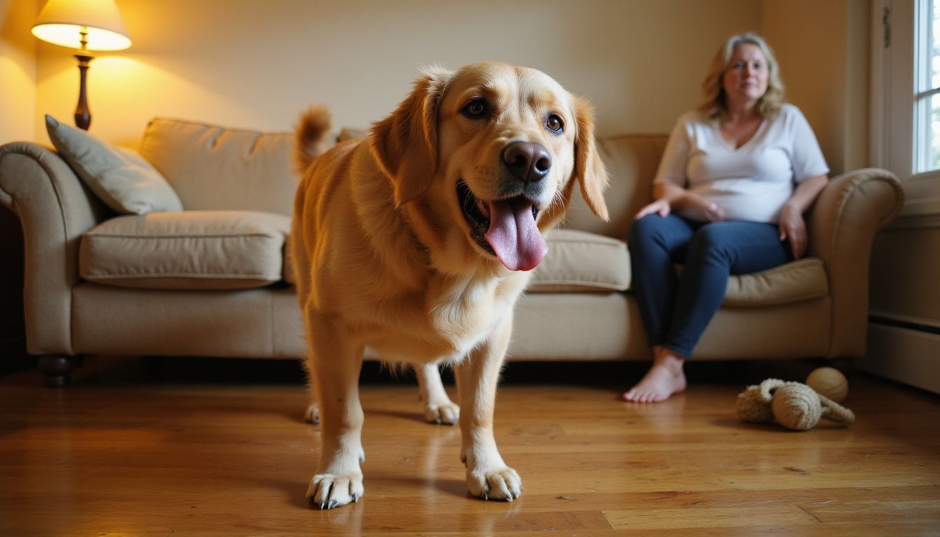 A distressed Golden Retriever shows signs of anxiety in a living room.