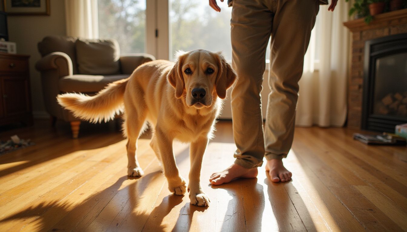 A Golden Retriever eagerly interacts with a person in a cozy living room.