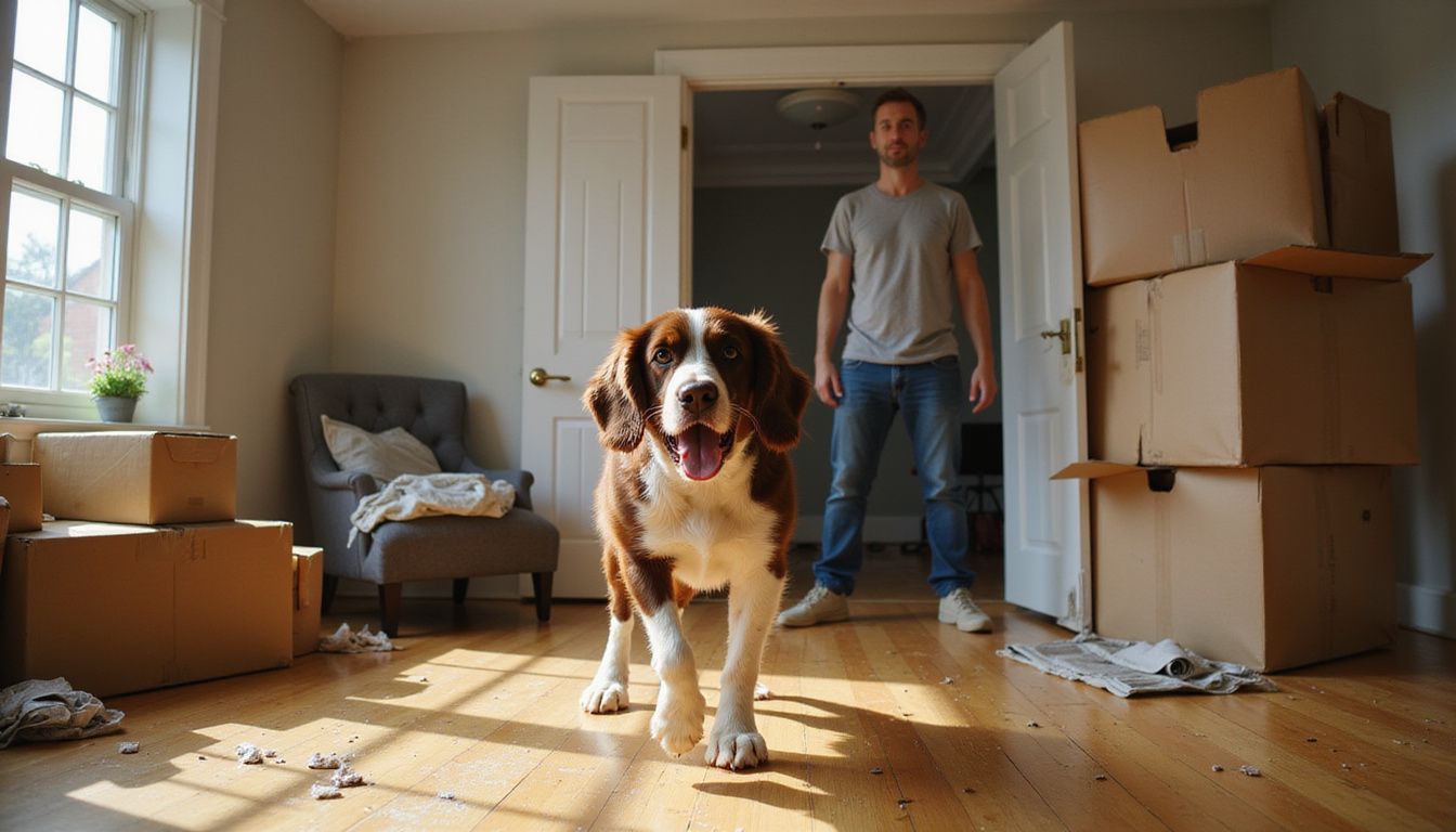 A stressed springer spaniel barks amid a chaotic moving scene.