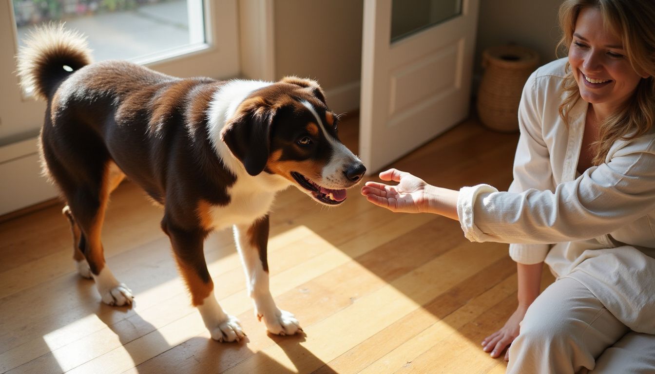 A happy mixed-breed dog interacts warmly with a smiling woman.